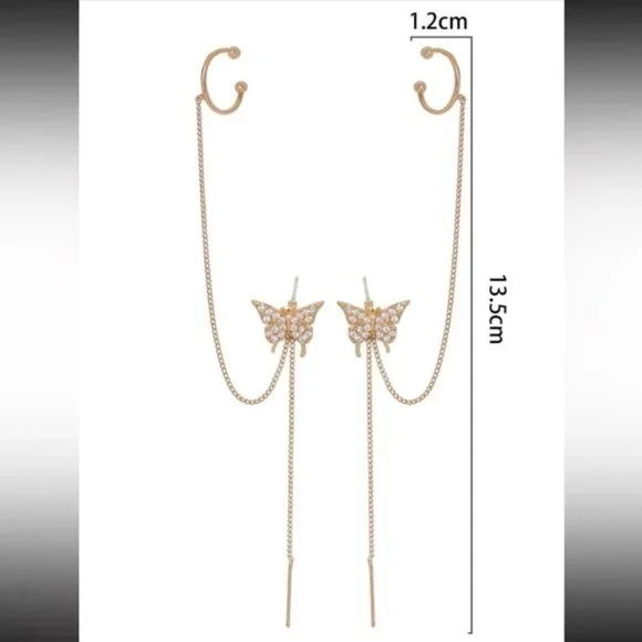 2pcs Cubic Zirconia Butterfly Decor Chain Linked Earring Yellow Gold Jewelry - Picture 3 of 6